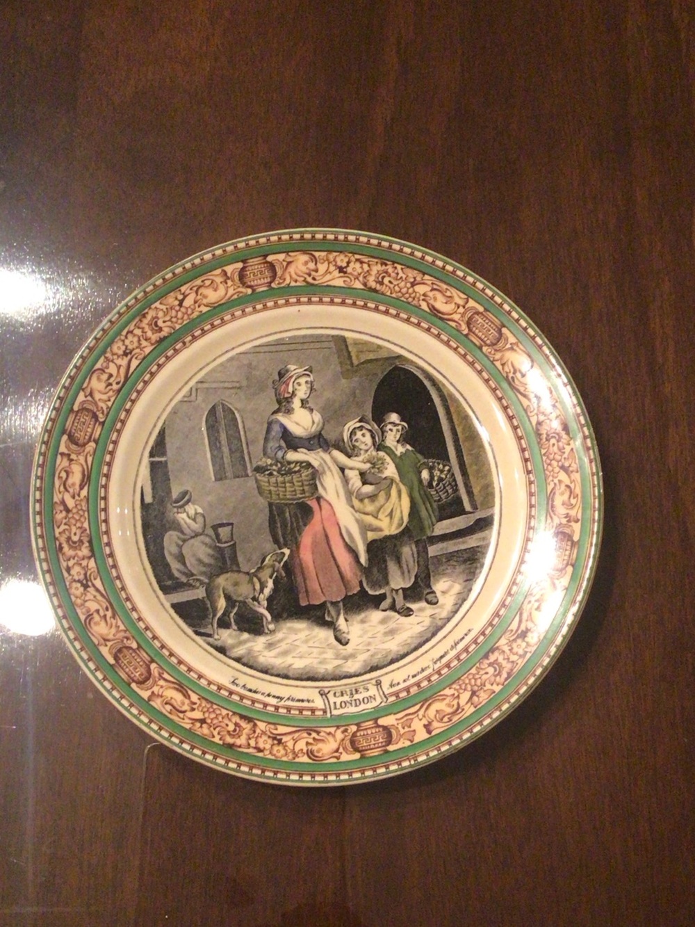 Adams Multicolor Transferware Dinner Plate with Green and Cream Border